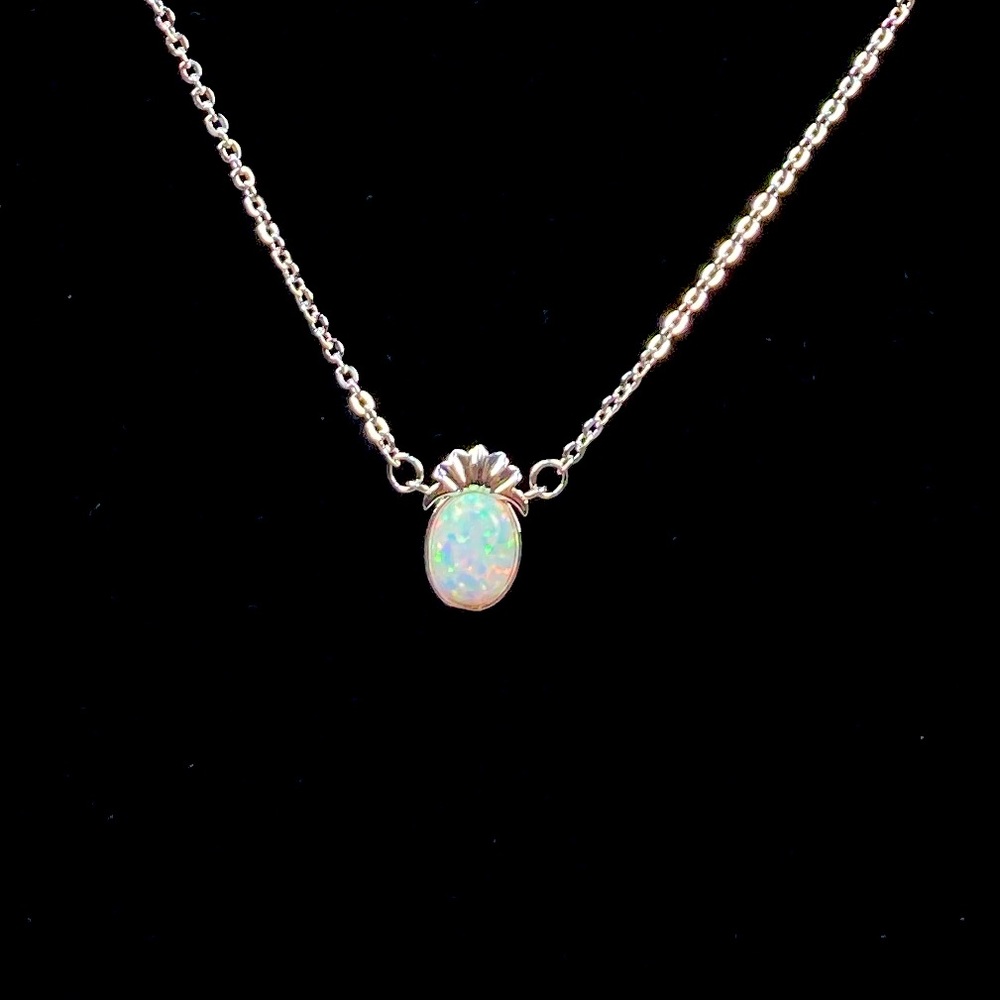 Pineapple Created Opal Dainty Necklace Silver Tone